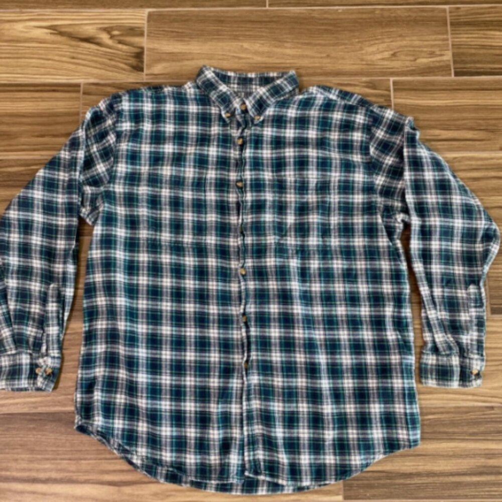 Faded Glory Mens XL Plaid Navy Blue Green Flannel Shirt Long Sleeve